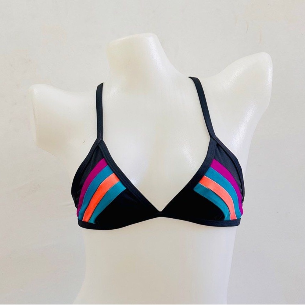 Jolyn Collin Black Bikini Top with Bright Neon Stripes